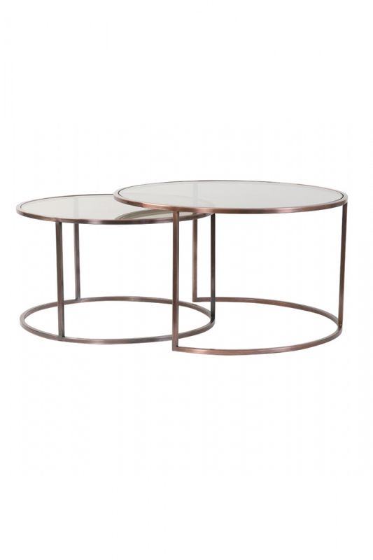 DUARTE  gls brwn+ant copper  Coffee table S/2 Ø65x39+Ø75x44 cm  