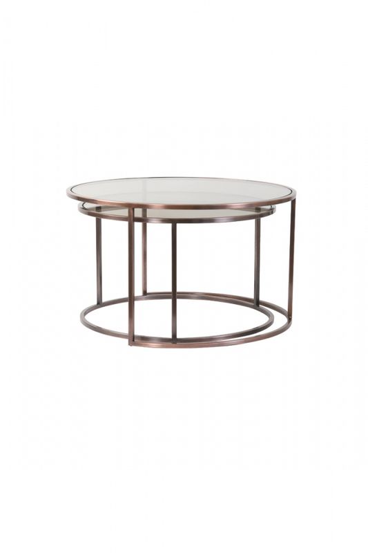 DUARTE  gls brwn+ant copper  Coffee table S/2 Ø65x39+Ø75x44 cm  